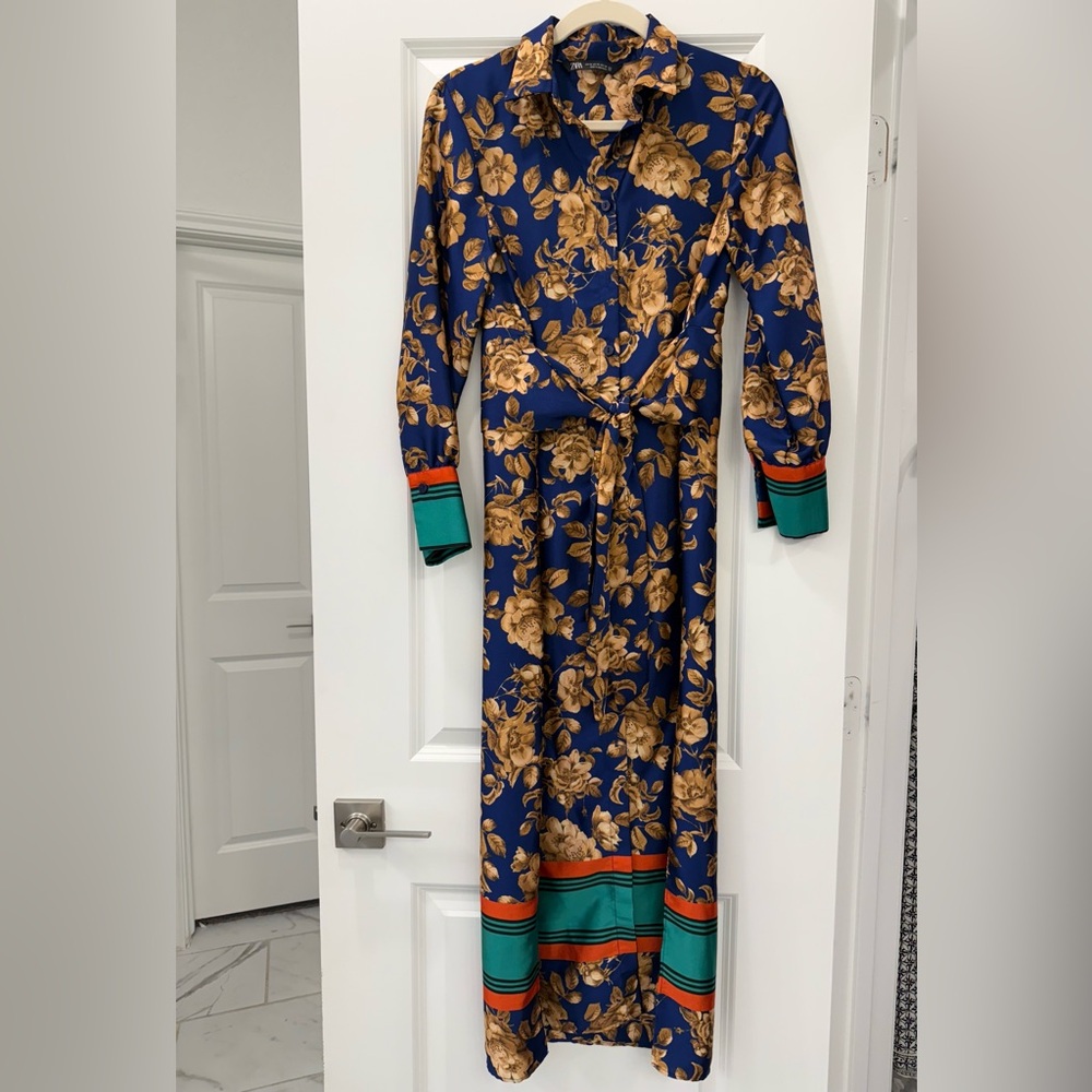 Zara Blue and Gold Floral Long Sleeve Dress